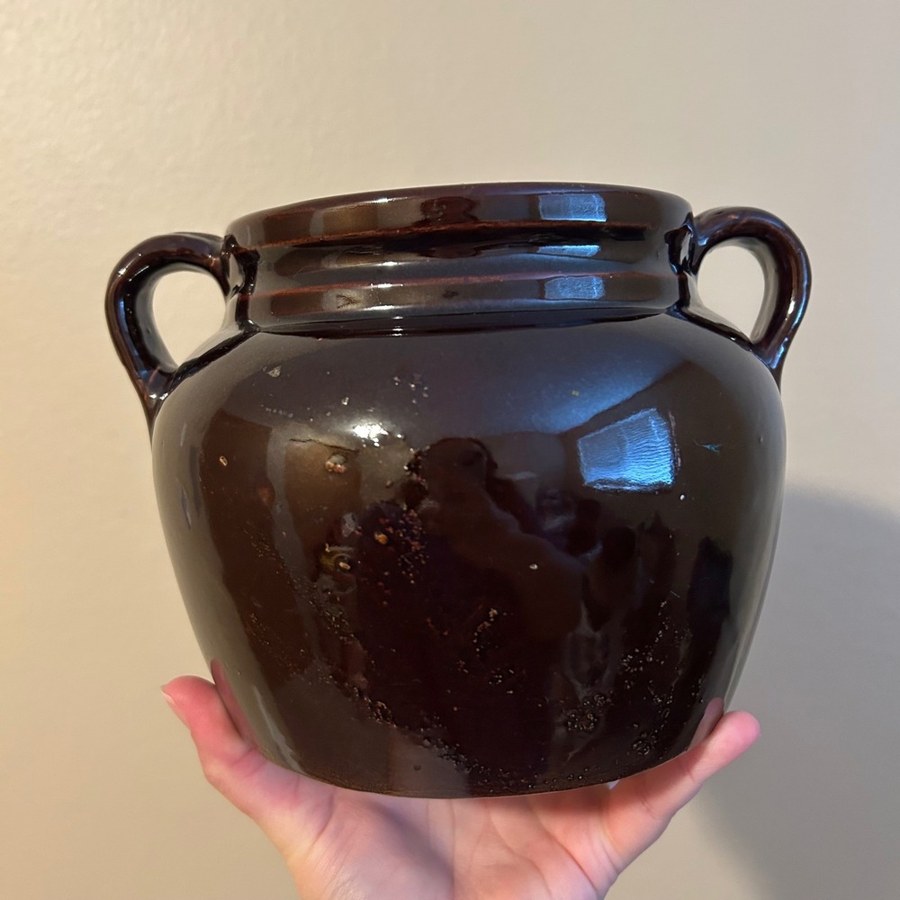 Vintage Rustic Primitive Bean Pot Vase Crock Pot Brown Heavy